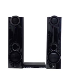 a black speaker system with speakers - LG 600W Home Theater System with Subwoofers
