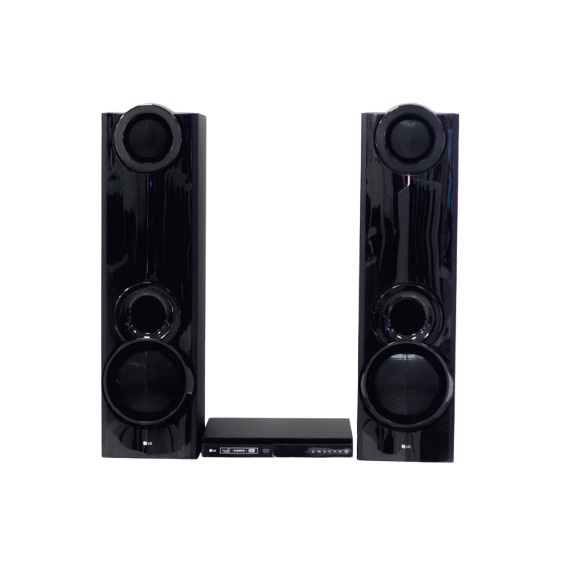 a black speaker system with speakers - LG 600W Home Theater System with Subwoofers
