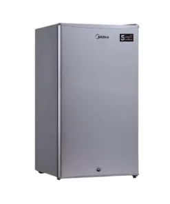 a silver refrigerator with a black label - Midea 85L Single Door Refrigerator