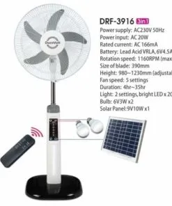 Duravolt 16 inch Rechargeable Fan, Solar Panel and 2 Bulbs