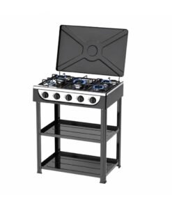 Crown Star 5 Burner Standing Gas Cooker positioned sideways with 2 open shelves